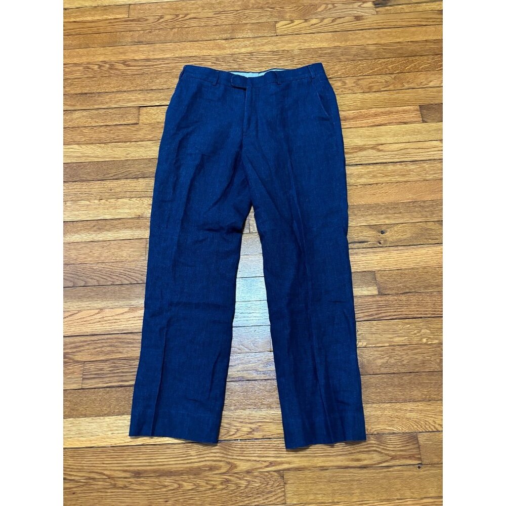 Epaulet NY Dress Pants Men 32x28 Blue Linen Flat Front Straight Leg Made in USA